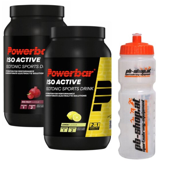 2 PowerBar Iso Active 1320g Dosen + 0,75lt Trinkflasche je 1 Dose Lemon + Red Fruit