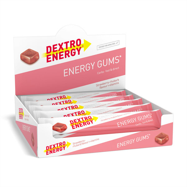 Dextro Energy Gums Fruchtgummis 15er Box Strawberry-Rhubarb MHD 08-2025