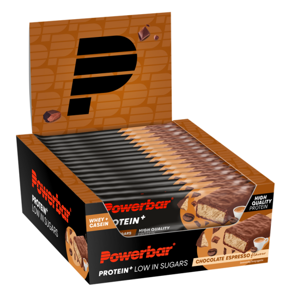 PowerBar Protein Plus Low Sugar Riegel 16er Box Chocolate Espresso MHD 05-2026