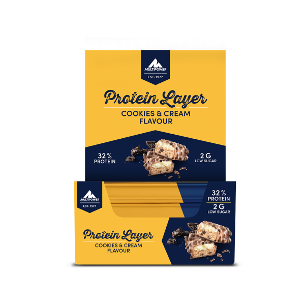 Multipower Protein Layer Riegel 18er Box Cookies & Cream MHD 05-2026