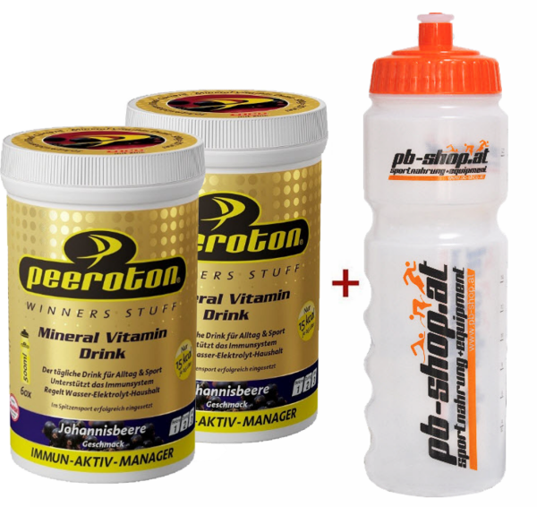 2 Peeroton Vitamin Mineraldrink Dosen incl.1x 0,75lt Trinkflasche Blutorange Schwarze Johannisbeere